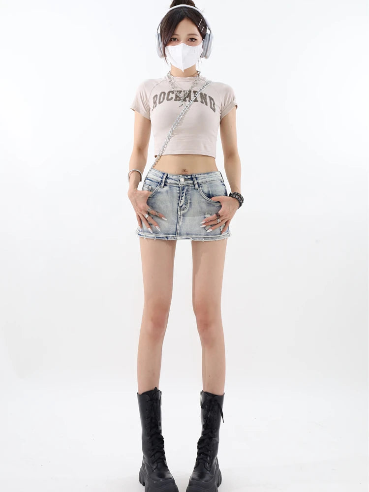 Y2K Ripped Denim Mini Skirt for Trendy Grunge Aesthetic Outfits and Vintage Vibes