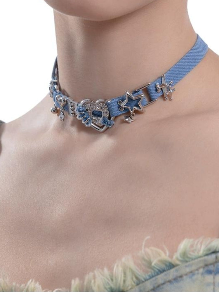 Y2K Sparkle Denim Choker Necklace - Trendy Coquette Aesthetic Jewelry for Y2K Outfits