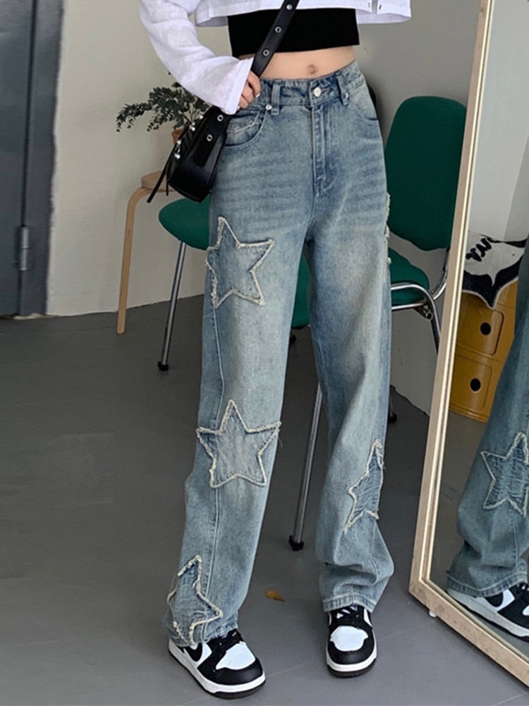 Y2K Star Patchwork High-Waisted Wide Leg Jeans for Trendy Aesthetic Outfits