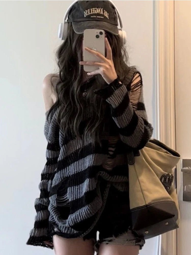 Y2K Striped Gothic Sweater - Grunge Aesthetic Top for Cozy, Edgy Outfits