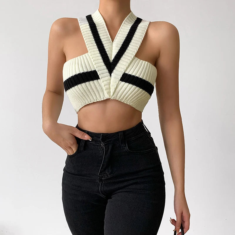 Y2K Striped Knitted Crop Top - Cute Aesthetic Top for Coquette and Grunge Styles