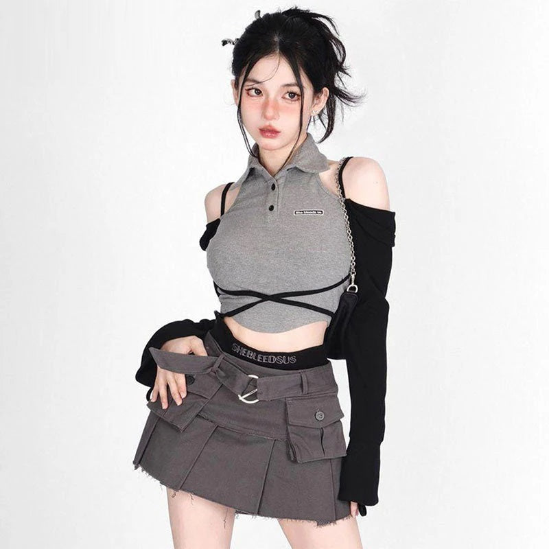 Y2K Techwear Outfit - Stylish Top & Cargo Skirt for Trendy Aesthetic Looks