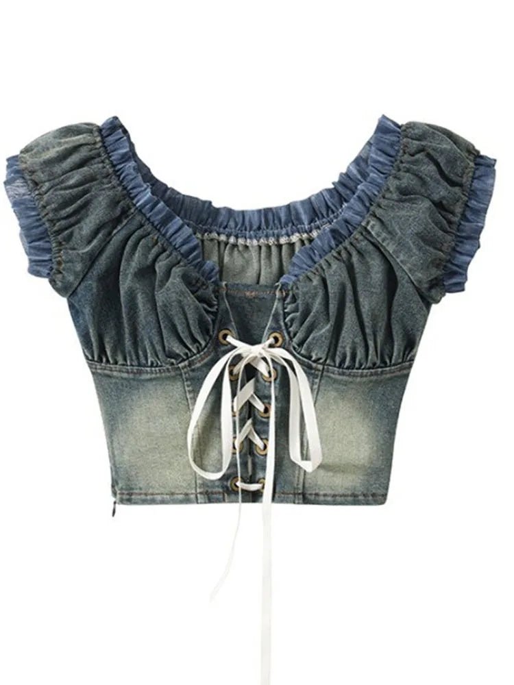 Y2K Vintage Denim Lace-Up Crop Top for Coquette and Grunge Aesthetic Outfits